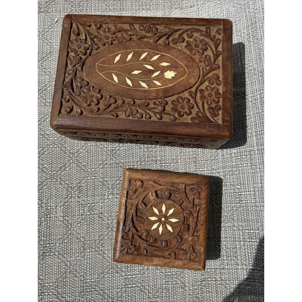 Vintage Hand Carved Wood Trinket Box‎ Set Floral Inlay Made in India 2pc